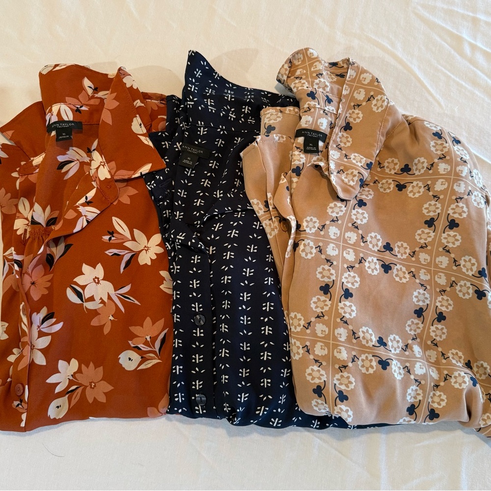 Three (3) - Ann Taylor Factory Floral and Patterned Blouses - Rust, Navy, Beige